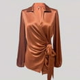 thumbnail image 6 of Satin Silk Blouse for Womens Trendy Ruched Long Sleeve V Neck Tie Dress Shirt Casual Loose Office Work T-Shirt, 6 of 7