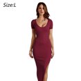 thumbnail image 2 of Vestido largo ajustado con cuello en V profundo y abertura lateral para mujer, vestidos largos de fiesta de noche de manga corta divididos, L, 2 of 6