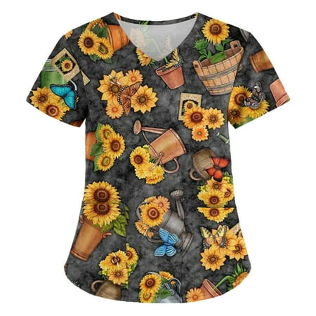 

Women Scrub_Top Working Uniform Blouse Short Sleeve V-Neck Workwear T-Shirt with Pocket Comfy Tops XXXXL