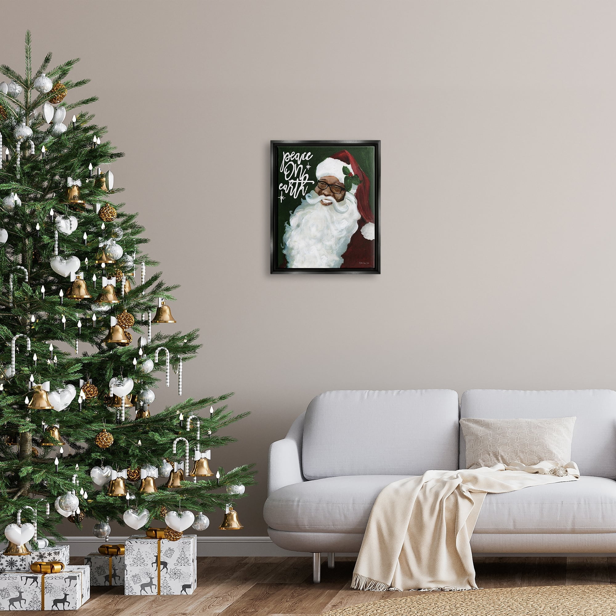 Stupell Industries Peace On Earth Phrase Santa Portrait Painting Luster Gray Framed Floating Canvas Wall Art, 24x30, by Stellar Design Studio