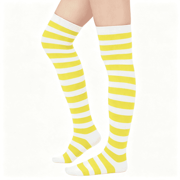 TELOLY Yellow Thigh High Socks for Women Thigh High Socks Striped Extra Long Tube for Women over the Knee Athletic Sports Socks Plus Size Stockings
