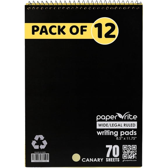 Paper Rite Canary Writing Pads Top Spiral Bound | 70 Sheets, 11.75 x 8.5 Inches | Pack of 12