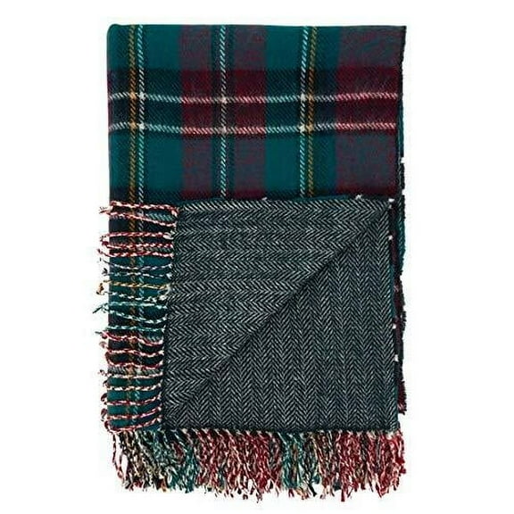 Fennco Styles Reversible Green Plaid Herringbone Fringe Throw Blanket 50" W x 60" L