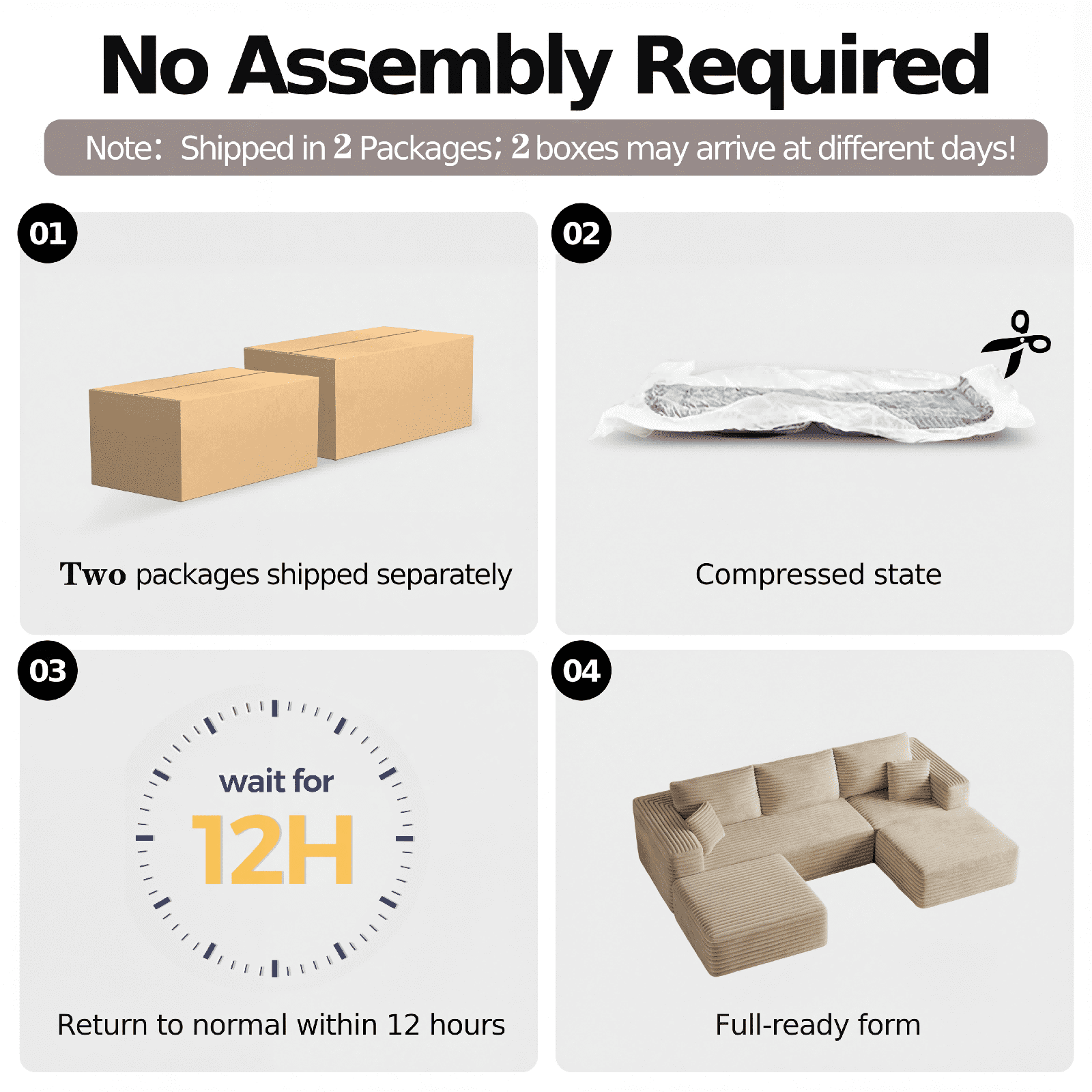 Cubente 108" Sectional Couch, Cloud Sofa, Boneless Couch No Assembly Required Modular Couch U-shaped Couch for Living Room