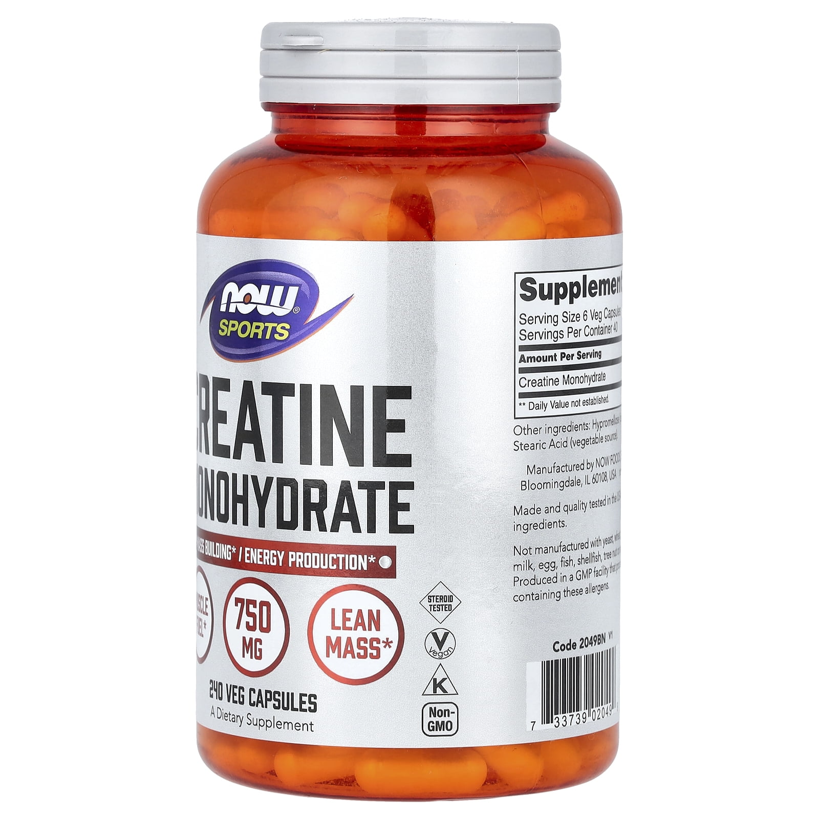 NOW Foods Sports, Creatine Monohydrate, 750 mg, 240 Veg Capsules