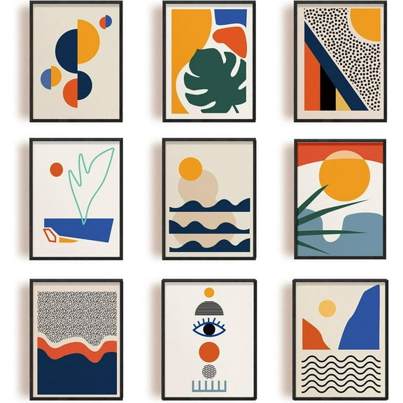 Set of 9 Abstract Art Print Retro Minimalist Wall Art Decor UNFRAMED Boho Landscape Wall Art for Living Room Bedroom Office Decor