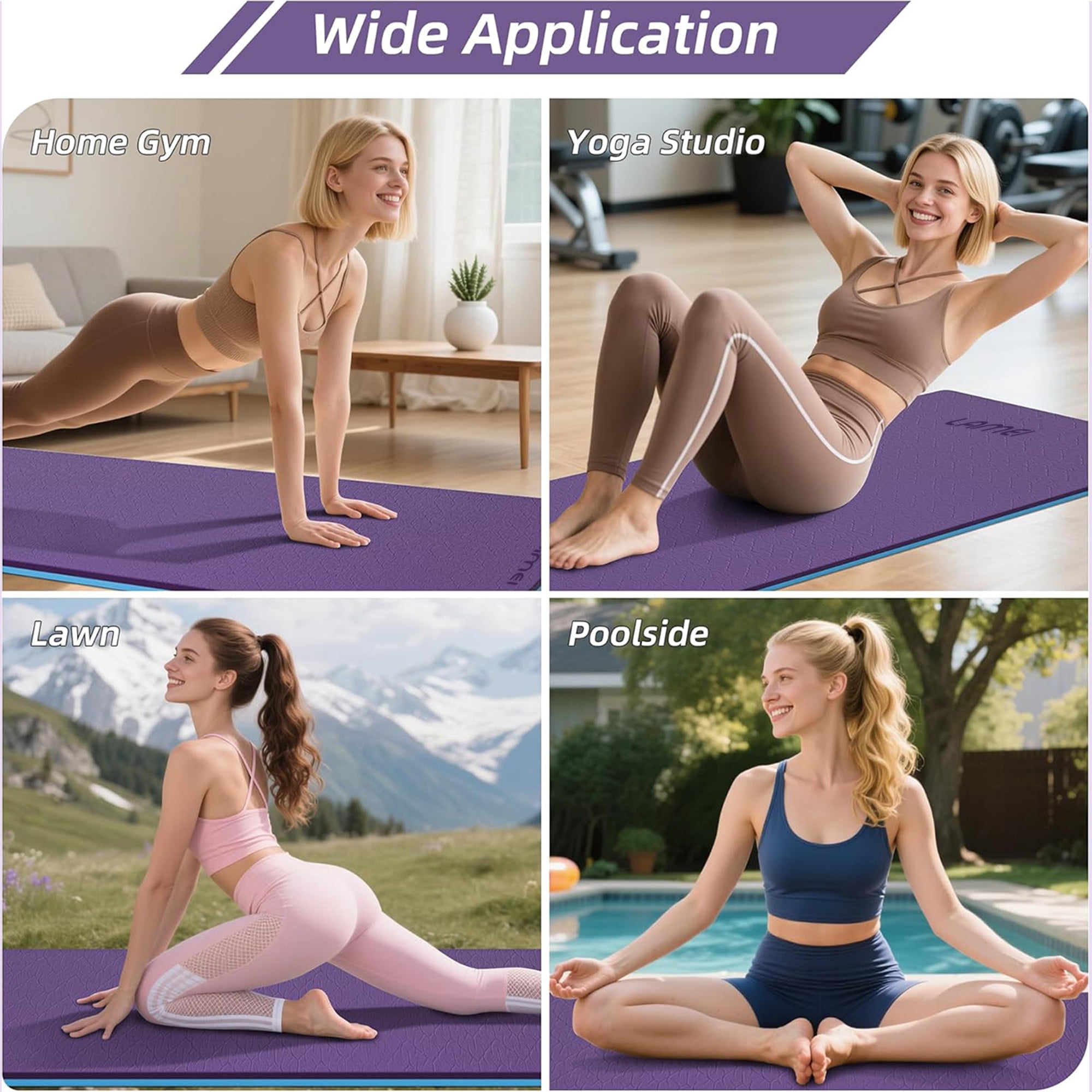 LAMEI Yoga Mat Thick 10mm, 31.5" Extra Wide for Men and Women, Non-Slip TPE Exercise Matt, Two Tone Fitness Mats with Straps for Carrying(Purple+Blue)