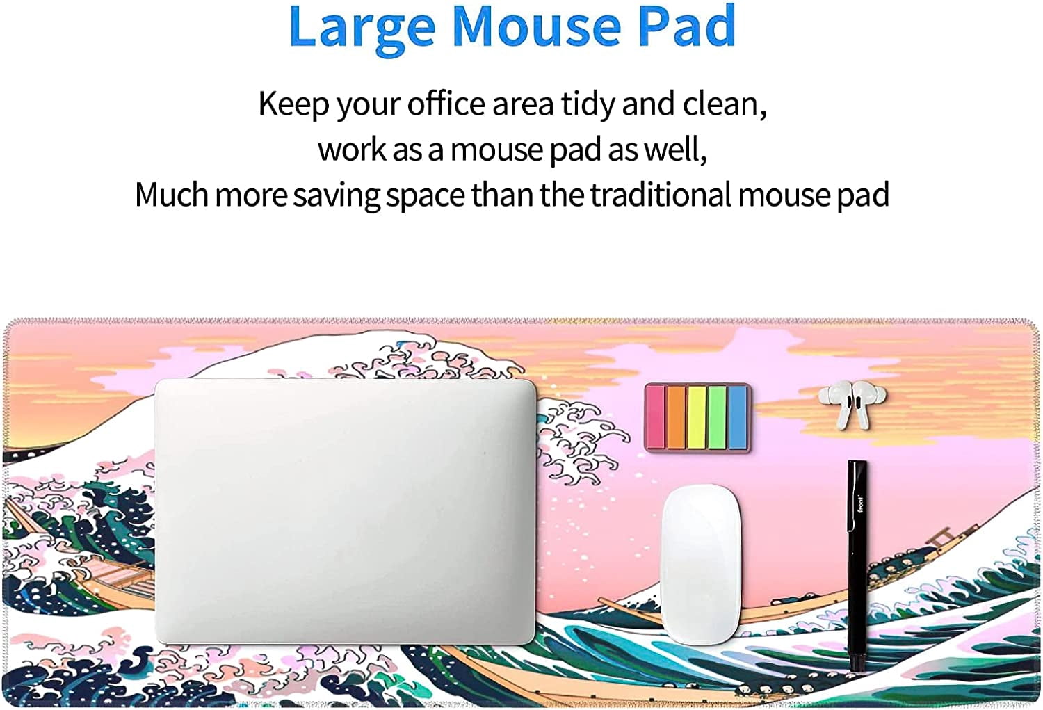 Pink Mouse Pad Japanese Wave Gaming Mousepad XL Anime Sunset Extended Large Desk Cover Big Table Mat Non-Slip Rubber Base Stitched Edge Long Keyboard Playmat for Laptop Gamer Office,31.5×11.8 in