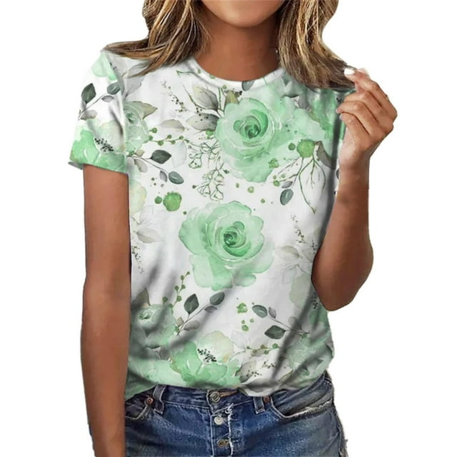 Kcodviy Casual Flower Print Short Ruffle Shirt Sleeve Crewneck T Shirt Fall Top Women Plus Size Workout Tops for Women Plus Size athletic Tops for Women Swing Tops for Women Plus Size