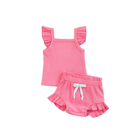 

Baby Girl Summer Clothes Set Infant Solid Outfit Newborn Pure Color Bodysuit + Drawstring Shorts
