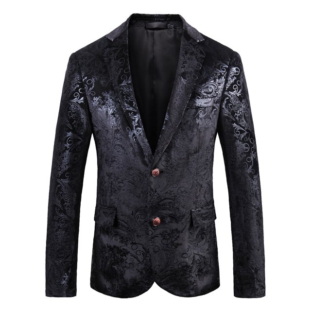 traje de vestir con estampado floral para hombre, elegante blazer de corte entallado con solapa con muescas negro Heldig, vista frontal centrada; blazer entallado en poliéster con patrón floral texturizado brillante, cierre de dos botones visibles de tono dorado, bolsillos de solapa y forro interior liso; fondo blanco limpio, presentado solo el blazer; adecuado para eventos formales o salidas nocturnas y a menudo usado como blazer de etiqueta para ocasiones sociales.
