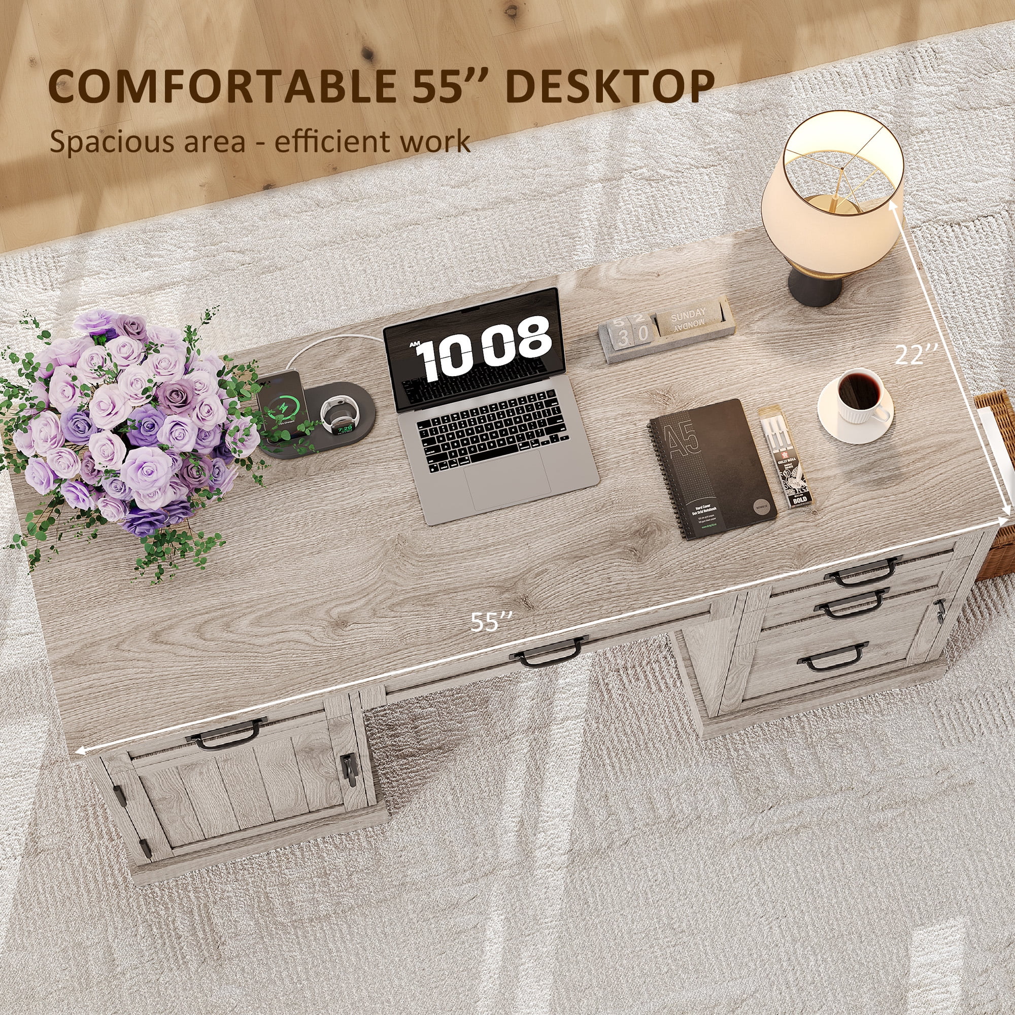 Executive Desk with File Drawers, 55'' Farmhouse Desk Modern for Adult Home Office, Wash Gray
