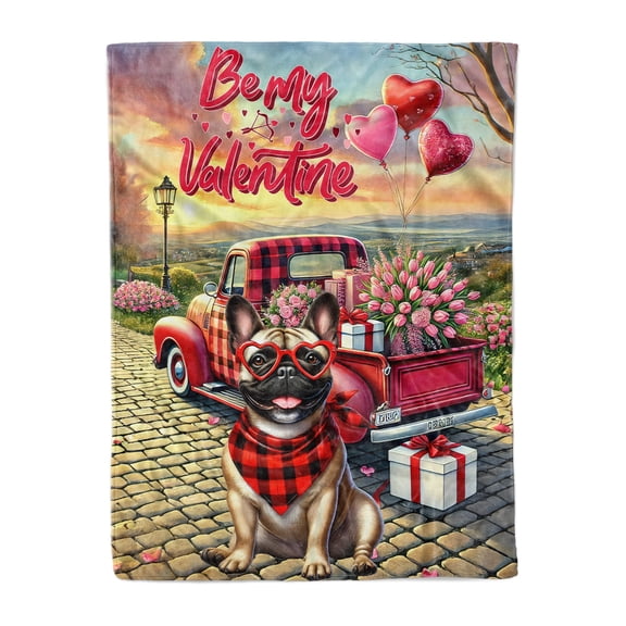 Be My Valentine's French Bulldog Truck Full of Love Flower Balloon Cozy Fleece Blanket Dog Lover Gifts Warm Soft Throw Blanket - 02029