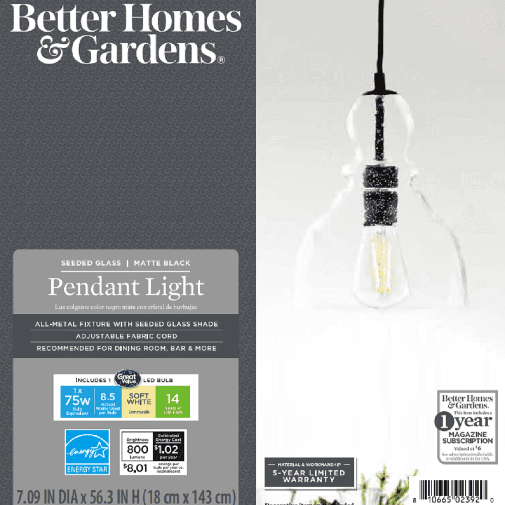 Better Homes & Gardens 56” Height Adjustable Black Pendant Ceiling Light, Metal Base Glass Shade CA