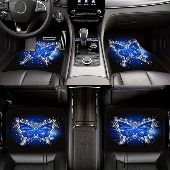 4pcs Blue Butterfly Print Car Floor Mats Set - Front & Rear Full Coverage Auto Interior Accessories, Crystal Velvet Vehicles Floor Mats Suitable for Sedans, Vans, Suvs