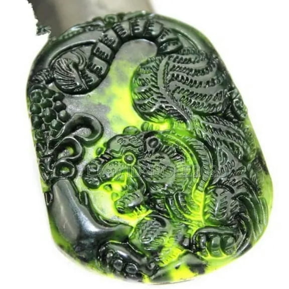 K-KED Natural Black Green Jade Carved Chinese Tiger Lucky Pendant Jewelry