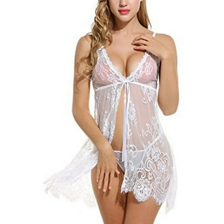 

KUNPENG Womens Lingerie Babydoll Sleepwear Underwear Sexy Babydoll Lace Bow Nightwear Valentine s Nightgown Pajamas White / S
