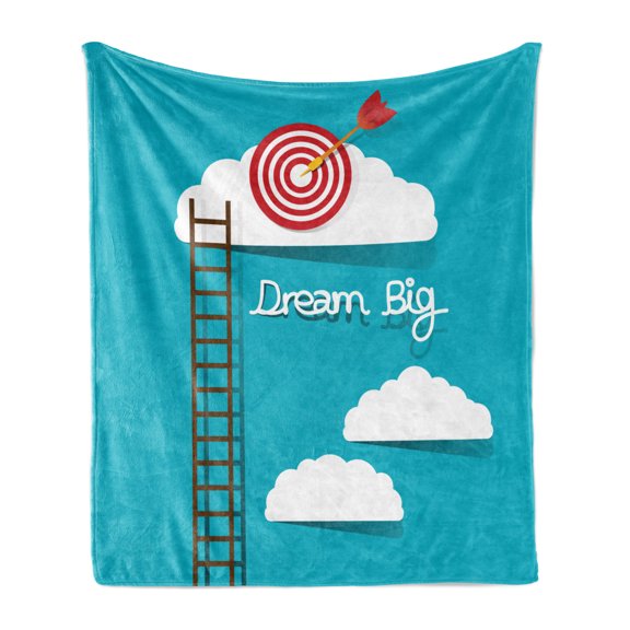 Inspirational Soft Flannel Fleece Blanket, Dream Big Phrase with Dart Board Fluffy Clouds Staircase Optimistic Attitude, Cozy Plush for Indoor and Outdoor Use, 50" x 70", Multicolor, by Ambesonne