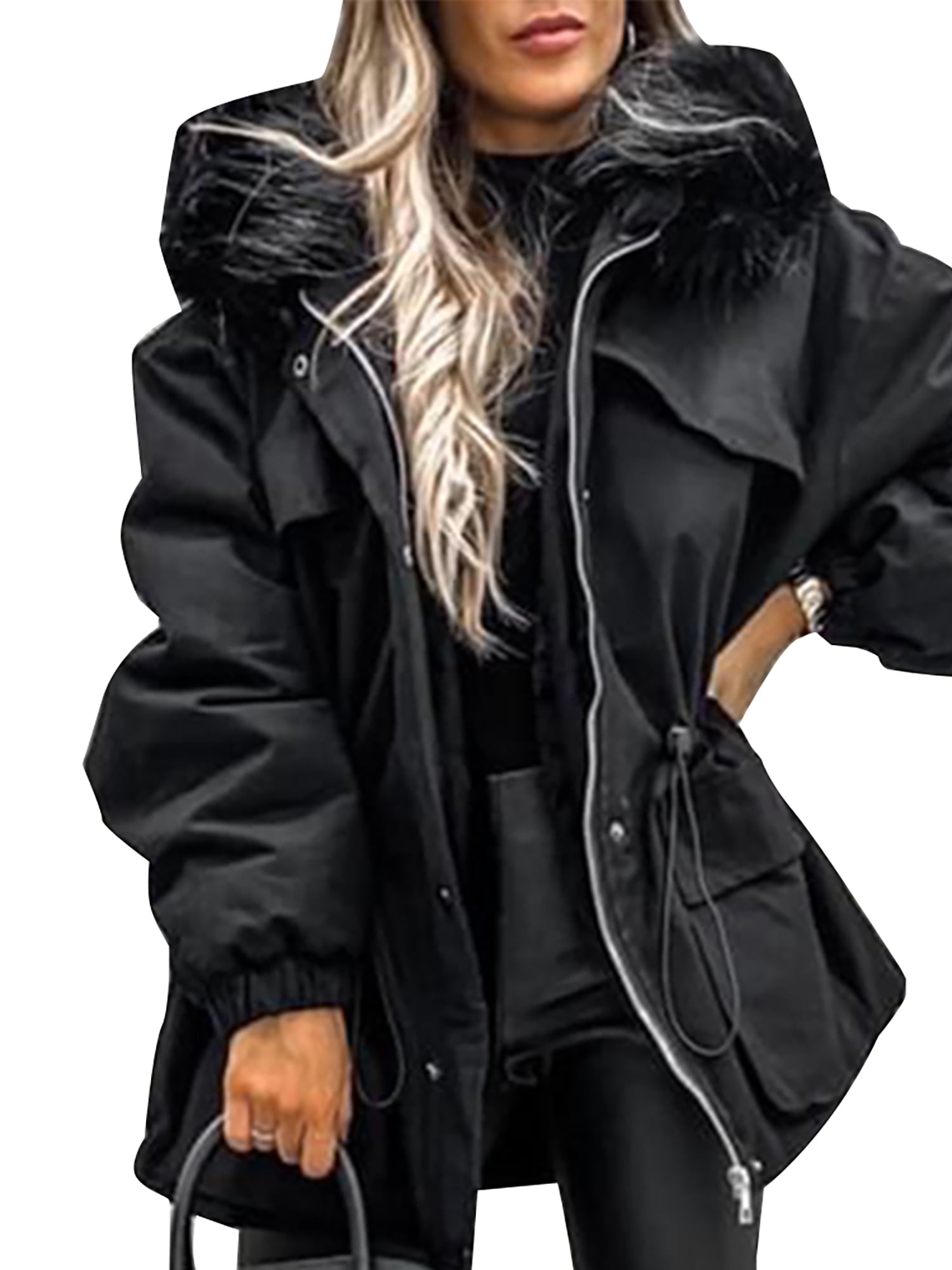 Womens Fur Collar Hooded Trench Jacket Zipper Drawstring Warm Winter Parka Coat 