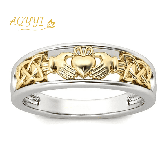 AQYYI Women's Two-Tone Silver Gold Plated Celtic Knot Band Ring, Traditional Irish Symbol Jewelry for Love Loyalty Friendship, Size 8