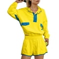 thumbnail image 5 of Women's Colorblock Sweatsuits 2 Piece Outfits Half Button up Long Sleeve Pullover Sweatshirt and Shorts Set Tracksuits (XL, Yellow), 5 of 6