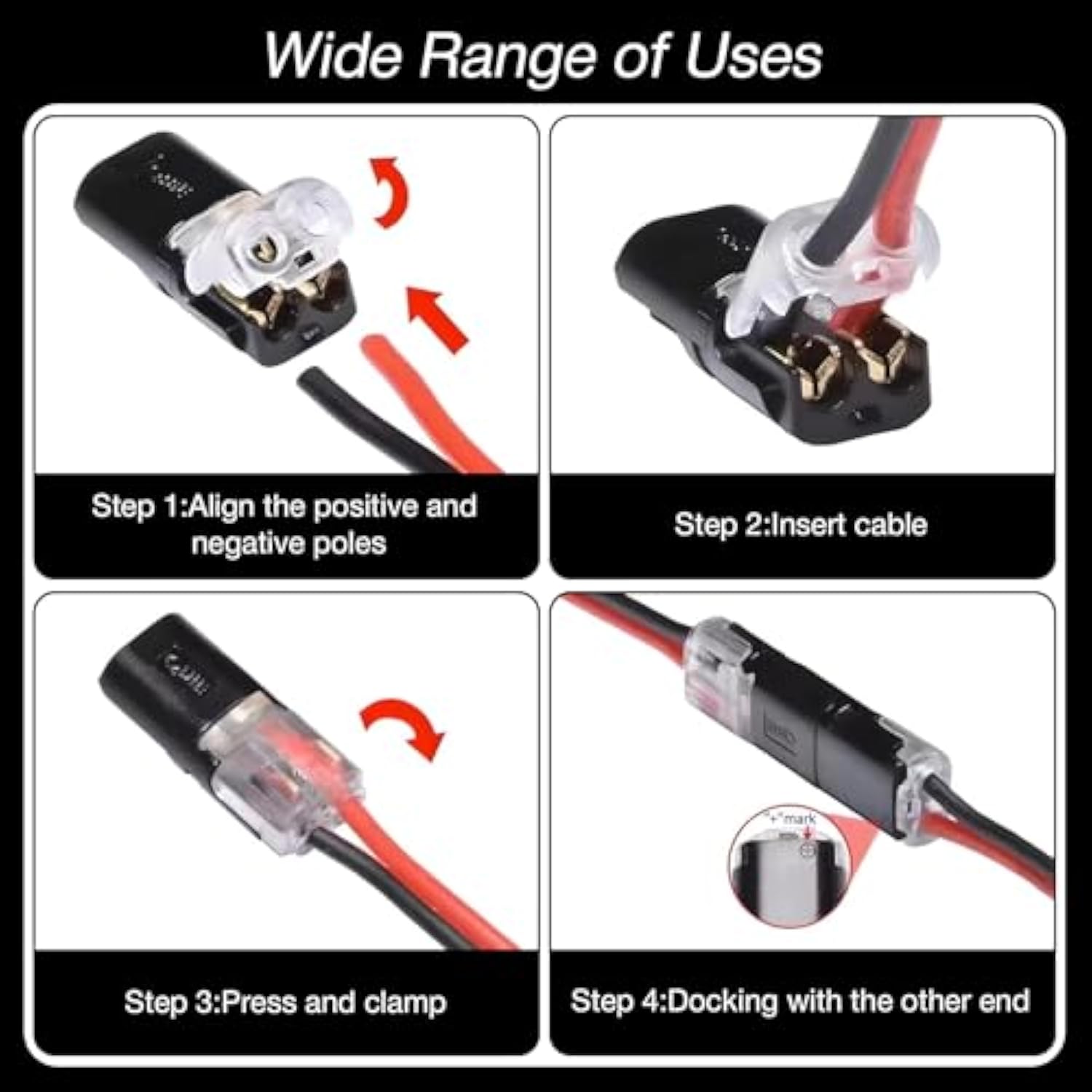 2-Pin Solderless Wire Connector – Compact Plug for LED Strips & 18–22 AWG Cables, Copper & Polycarbonate, No Strip/Solder, (100 Pcs)