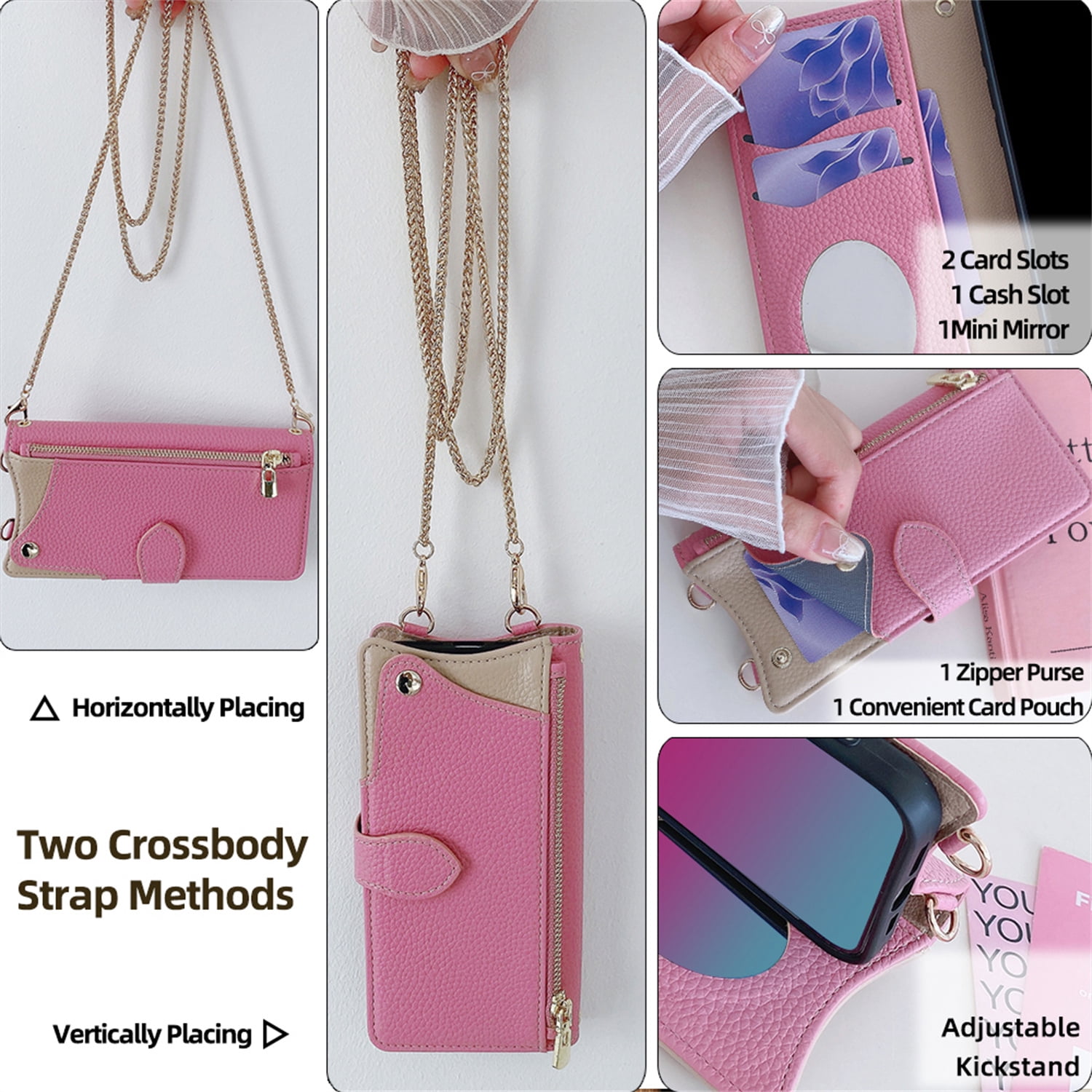 Allytechgroup Flip Wallet Phone Case for Samsung Galaxy A17 5G with Credit Card Slot, Shoulder Strap PU Leather Zipper Wallet Phone Case Shockproof Full Body Cover Rugged for Women Girls, Pink