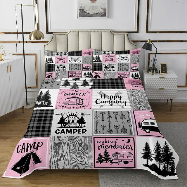 YST Girls Pink Camper Quilt Set Queen Happy Camping Bedspread Set,Rv Decor For Inside,Camper Accessories For Travel Trailers Coverlet Set,Black Grey Buffalo Plaid Pine Tree Bedding Set