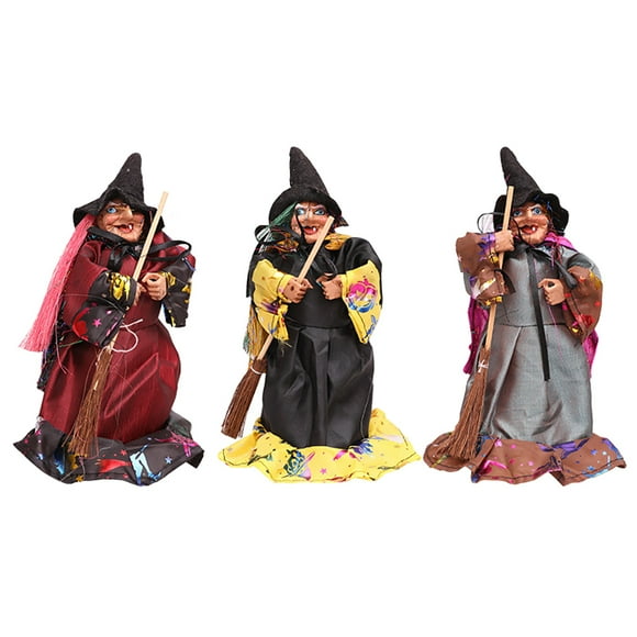 KAKOWELY 1 juego de 3 escobas de bruja para Halloween, accesorios de fiesta espeluznantes (colores surtidos)