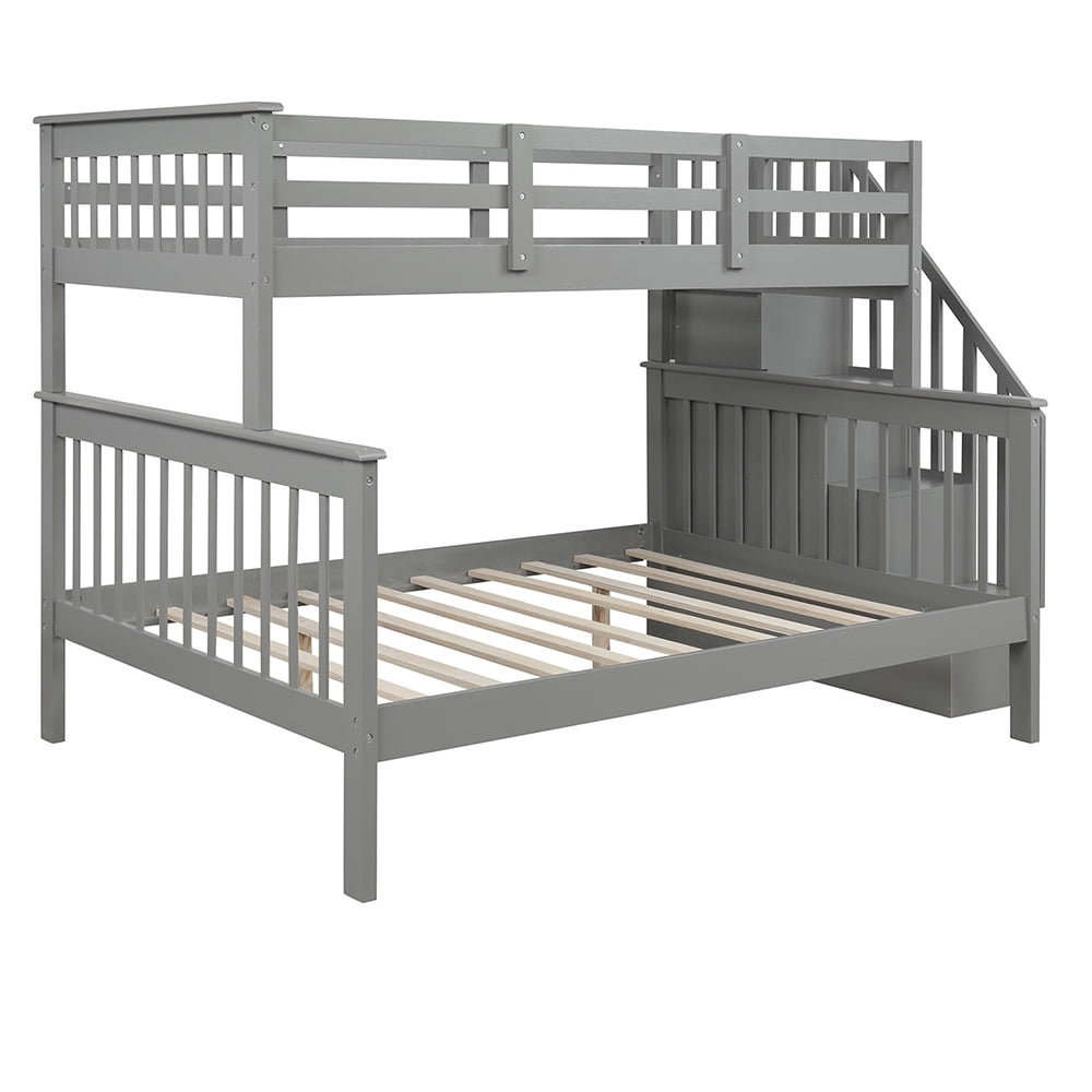 Private Jungle Twin Full Bunk Beds with Storage and Guard Rail, Solid Wood Bunk Bed for Bedroom, Gray