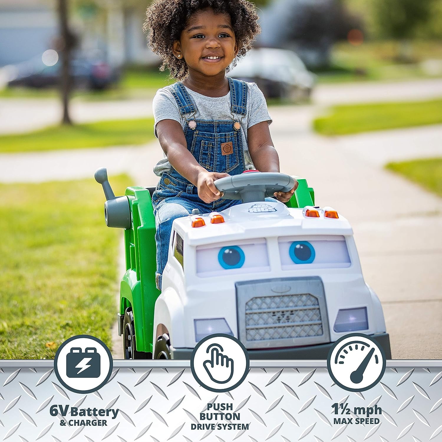Kid Trax Real Rigs Toddler Recycling Truck Interactive Ride-On Toy, Kids Ages 1.5-4 Years, 6 Volts, 9 Recycling Accessories Included