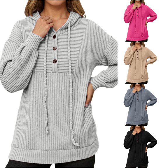 Yuhangmm Women's Sweatshirts Casual Long Sleeve Hooded Pullover with Drawstring Button Front for Fall Winter Comfortable Loose Fit Hoodie with Cozy Feel Grey S
