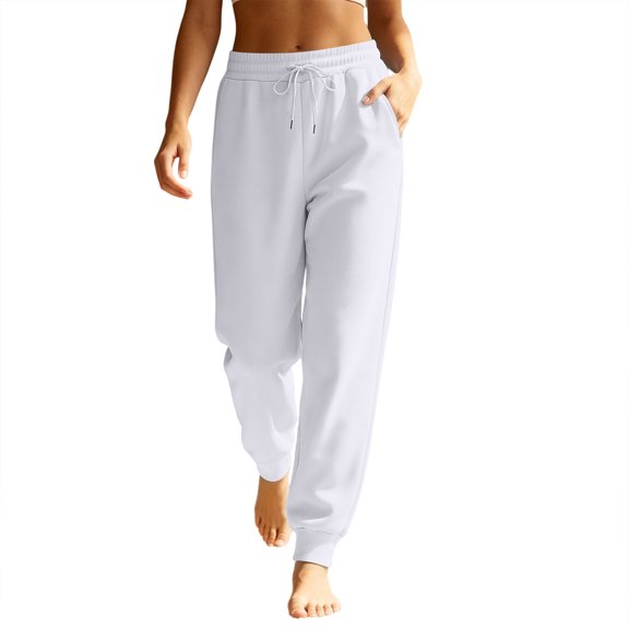 Women's Tapered Joggers with Pockets High Waist Elastic Drawstring Sweatpants, Ribbed Ankle Cuffs Casual Pants White 3XL