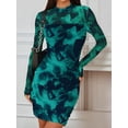 thumbnail image 4 of Women'S Mesh Sheer Long Sleeve Ruched Mini Dress Bodycon Mock Neck Cocktail Party Club Dresses Lake Blue Flowers S, 4 of 9