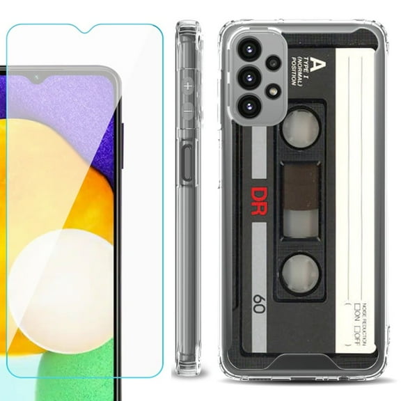 Shockproof Bumper Phone Case for Samsung Galaxy A23 5G, with Tempered Glass Screen Protector, by OneToughShield ® - Vintage Cassette