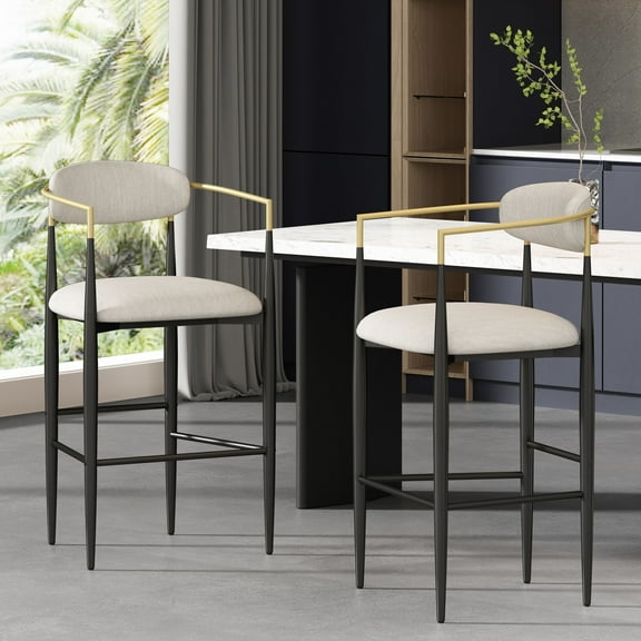 Metal Frame Barstools Set of 2, Height Bar Stools with Comfly Backrest and Armrest, Mid Century Modern Counter Chairs with Cushion for Kitchen Island, Black and White