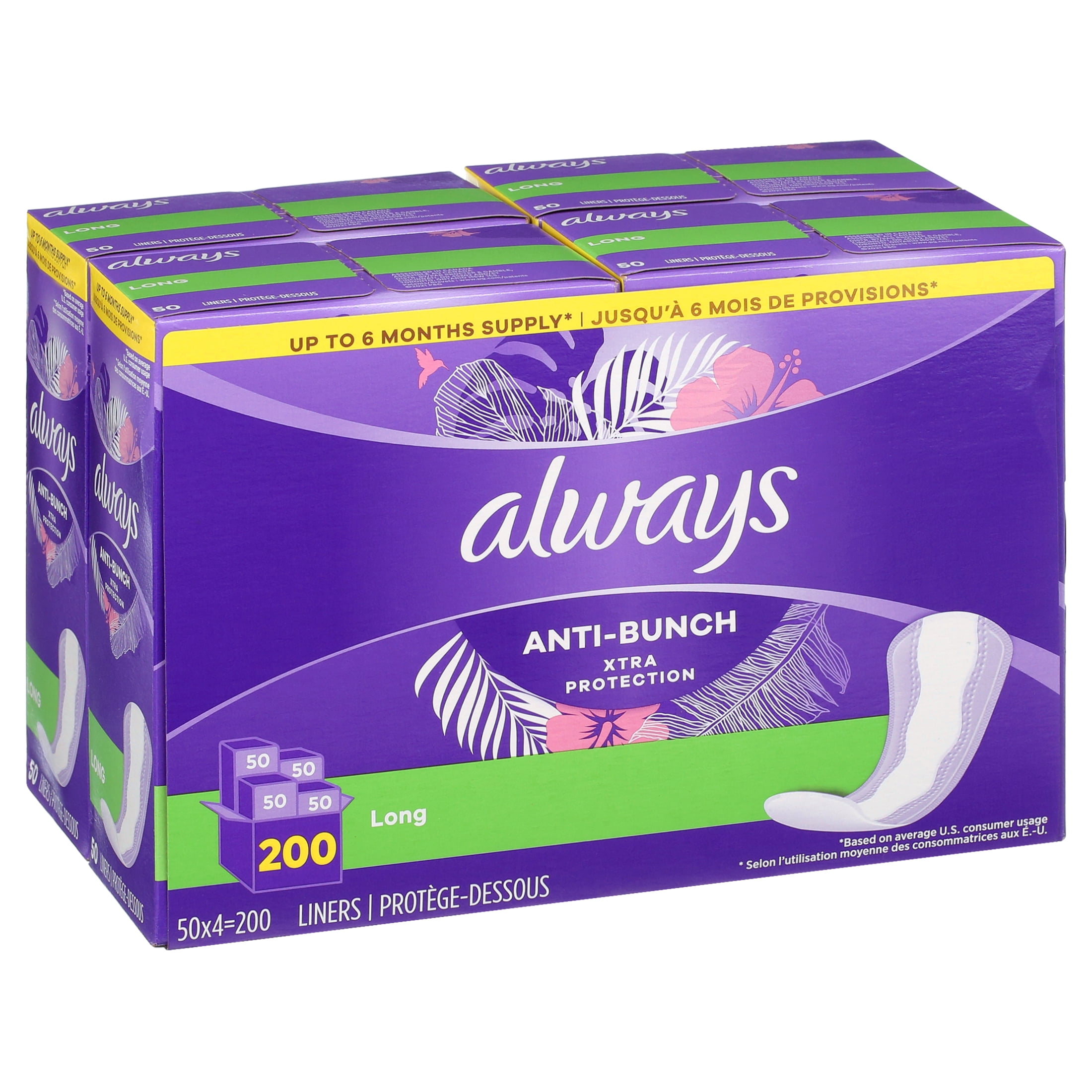 Always Anti-Bunch Xtra Protection Daily Liners, Long, Unscented (200 Count)