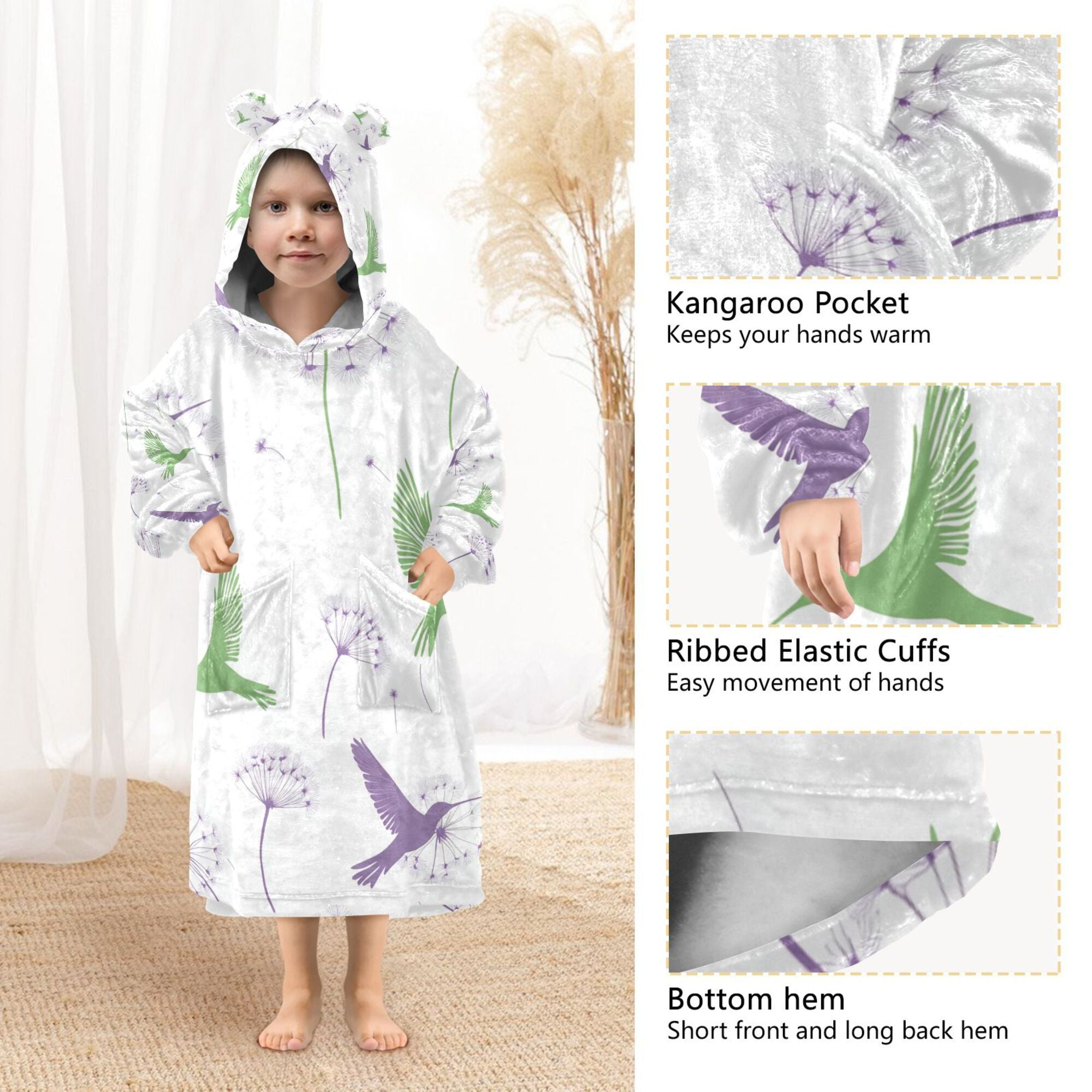 FORMRS Wearable Blanket Hoodie with Sleeves for Kids Cozy Flannel Sweatshirt, Purple Birds