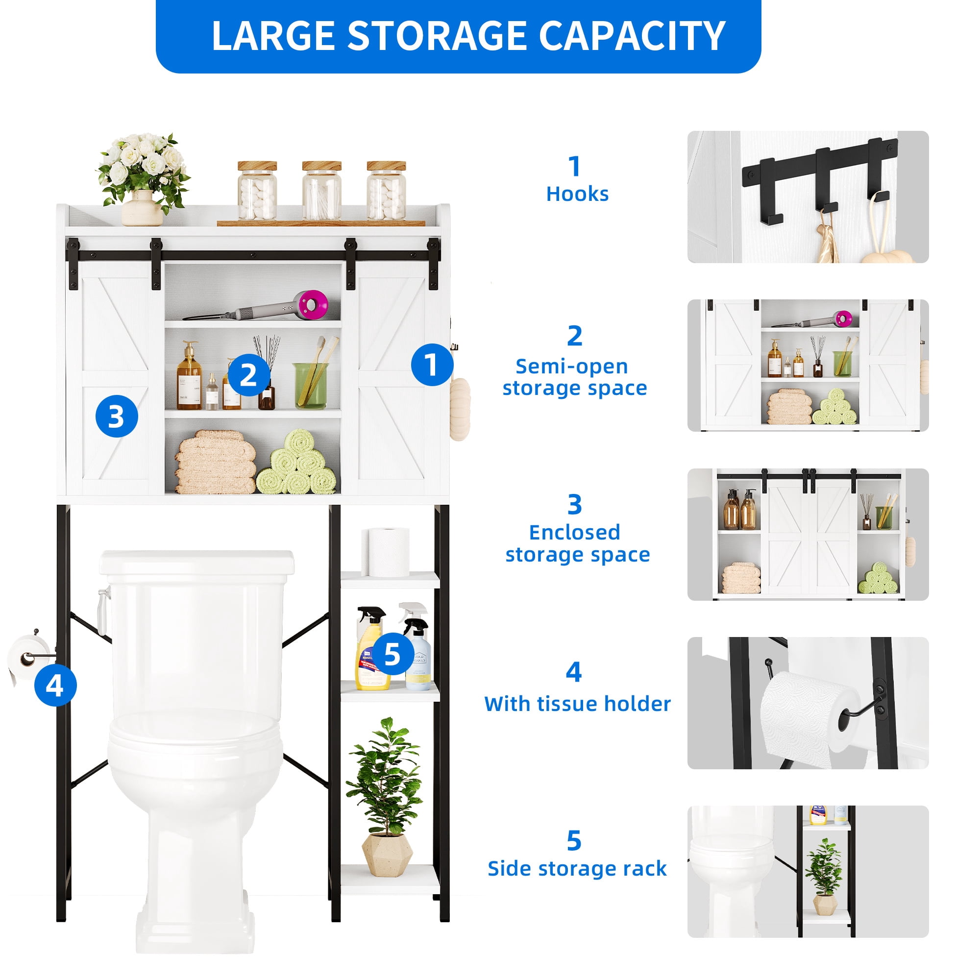 Uforic 61" Heavy-Duty Over The Toilet Storage Cabinet, 3-Tier Freestanding Organizer with Sliding Barn Door, 4 Open Shelves & Tissue Holder, White