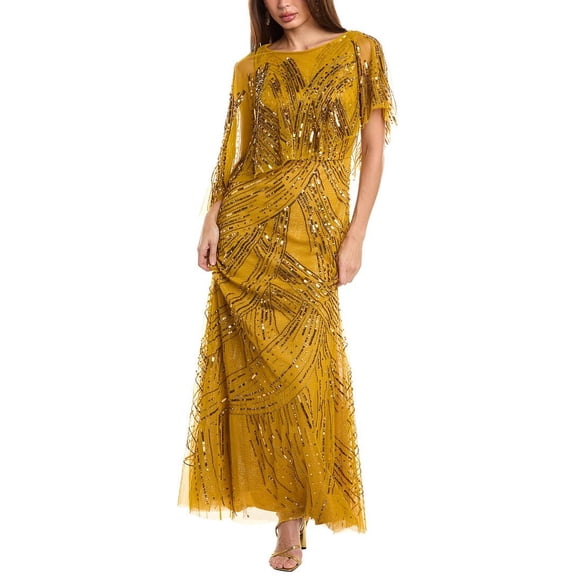 Theia womens  Ayla Beaded Shawl Gown, 2, Gold