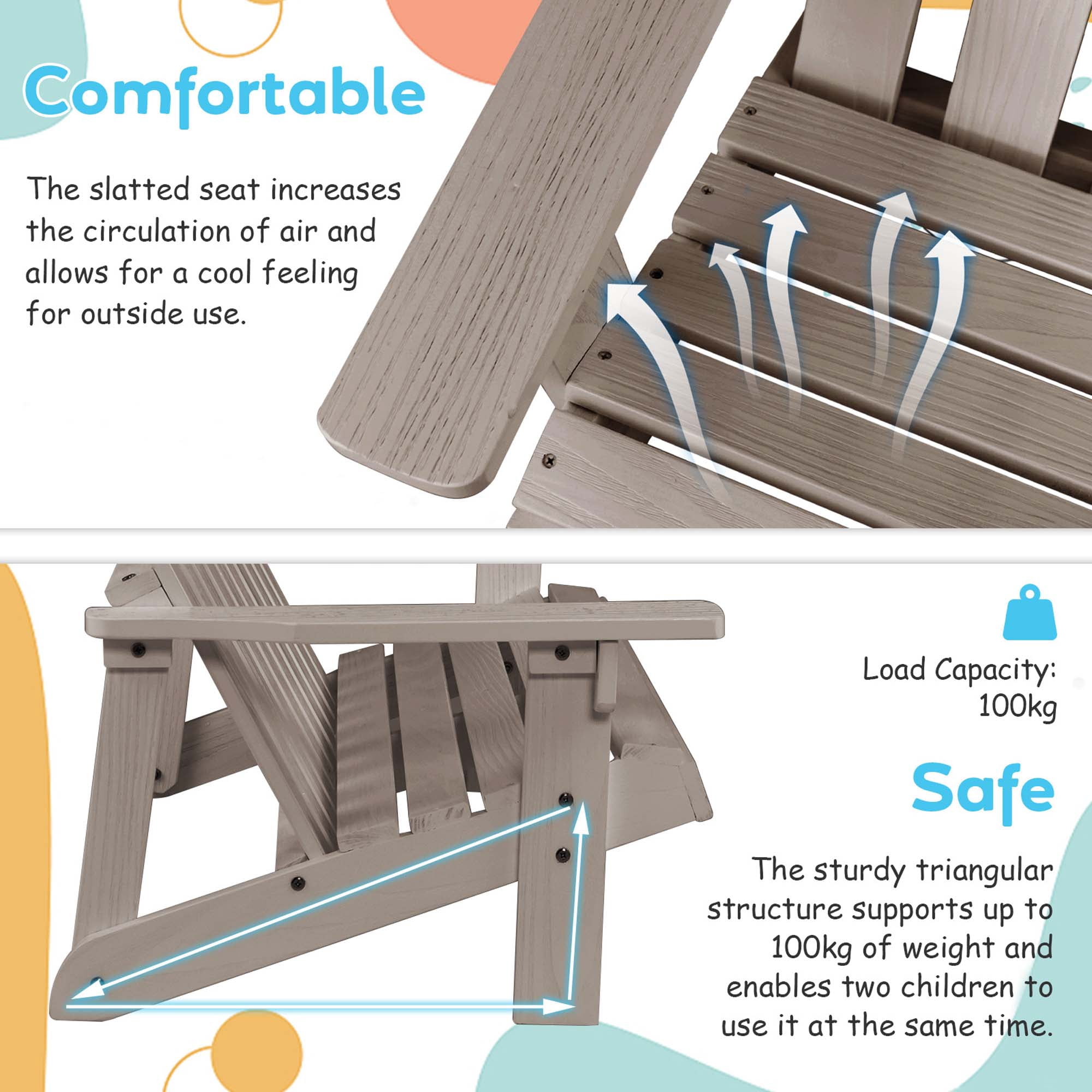 Costway 2 Person Adirondack Chair Kid Solid Wood Loveseat Backrest Arm Rest Patio Gray