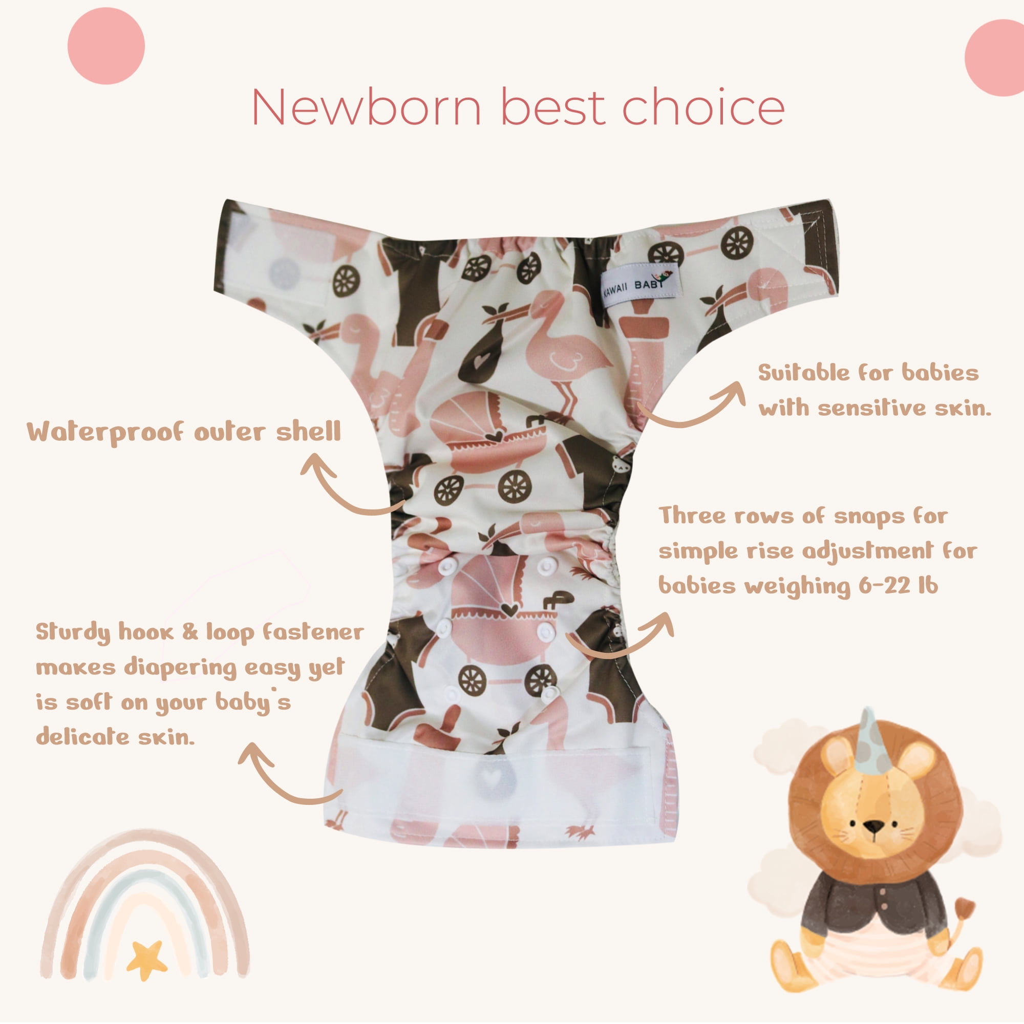 Kawaii Baby Bamboo Cloth Nappies & Diapers  6 Pack with 12 Inserts Newborn, 6-22 lbs | Daily & Overnight Use