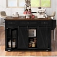 thumbnail image 3 of Harper & Bright Designs Farmhouse Kitchen Island with Storage, Sliding Barn Door & Metal Grid Side Door, Rolling Kitchen Island on 5 Wheels with Glass Holders, Island Table with Drop Leaf, Black, 3 of 18