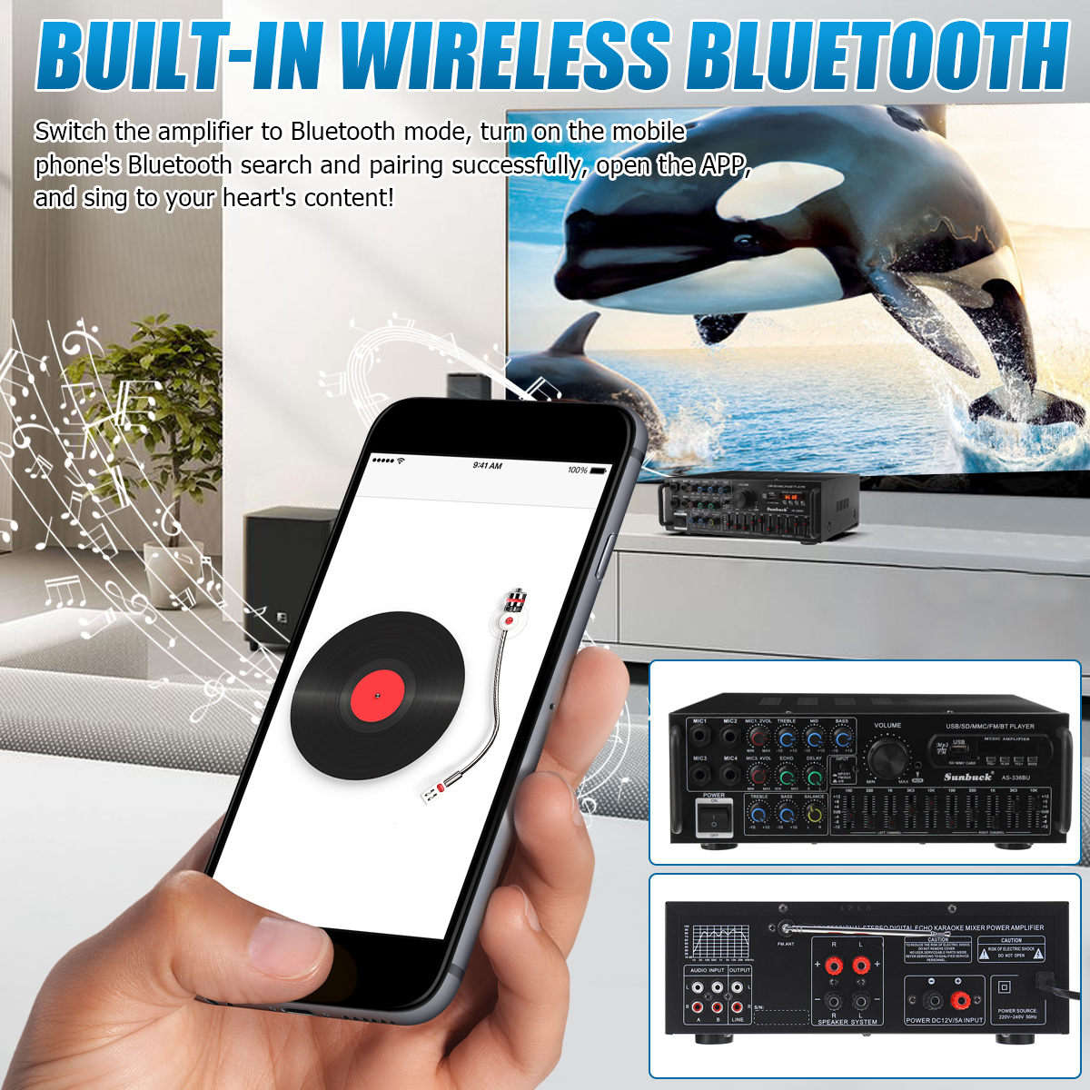 Sunbuck Bluetooth 5.0 Audio Amplifier, 2000W 2 Channel Power Amplifier with FM, 4-Mic Input, AUX Music Stereo Amplifier for Home / Car
