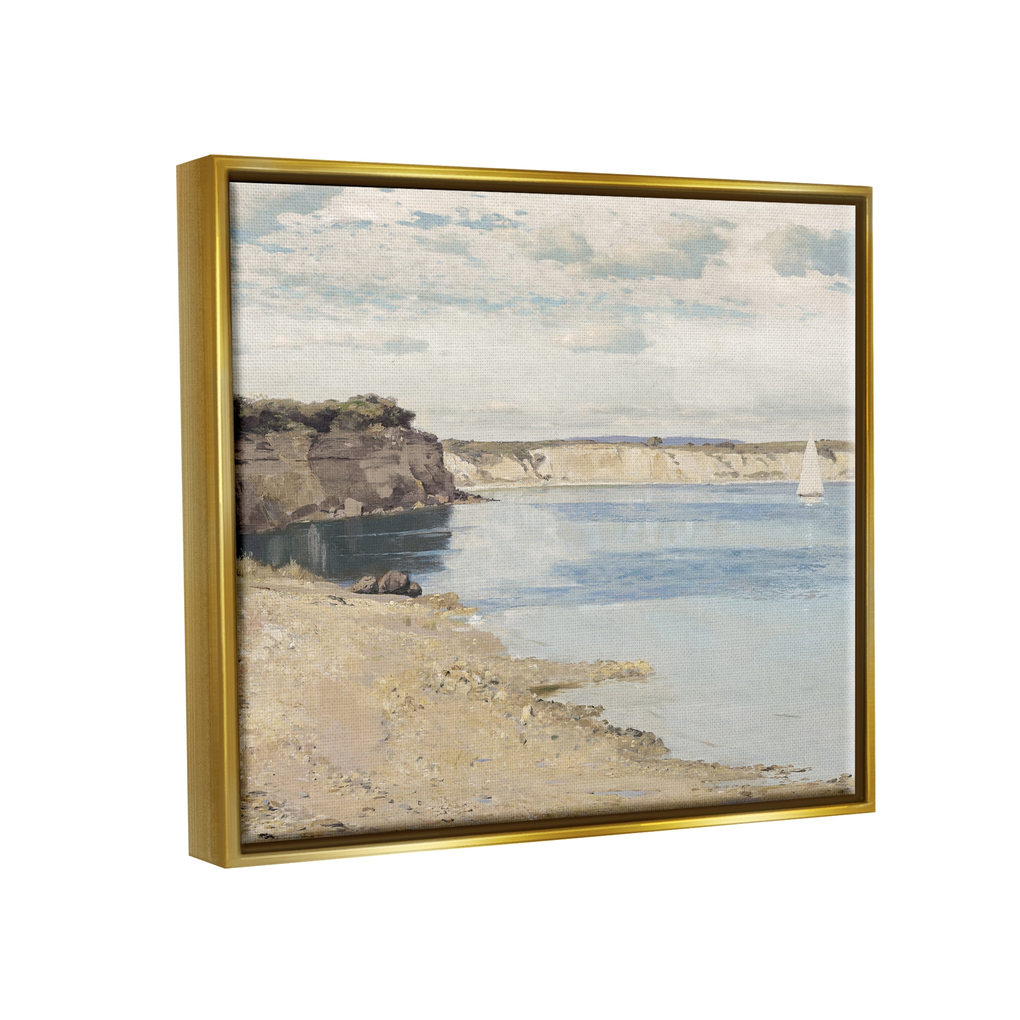 Stupell Rocky Coastal Cove Sailboat Landscape Painting Gold Floater Framed Art Print Wall Art