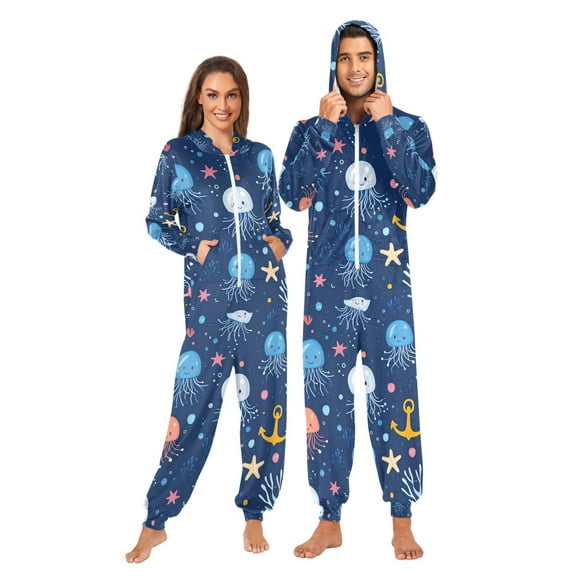 FORMRS Onesies Pajama for Adults Unisex Hoodie Winter Jumpsuit One Piece Sleepwear, Sizes S-2XL, Blue Jellyfish