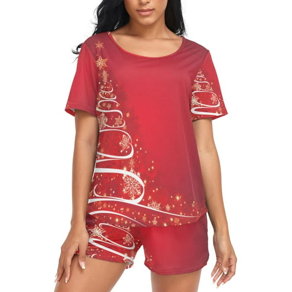 joogoo Women's Pajama Set Trees on Christmas Short Sleepwear Loungewear with Pockets M