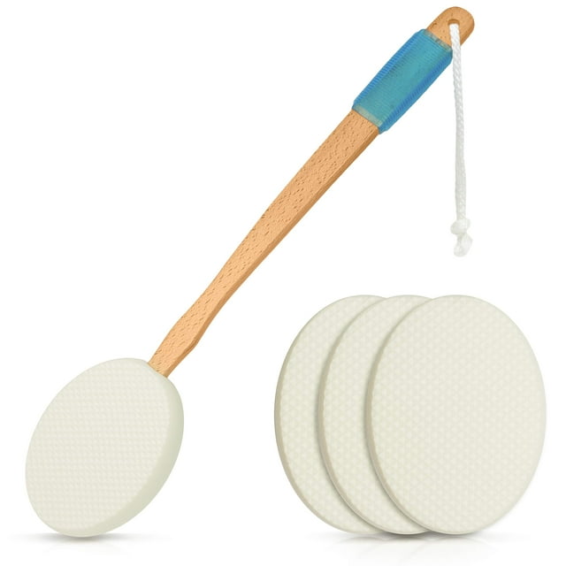 Aplicador de loción RMS de 17.5" de largo con 4 almohadillas - Mango largo para fácil acceso y autoaplicación del gel de baño - Cepillo de ducha para hombres y mujeres (bolsa de viaje incluida)