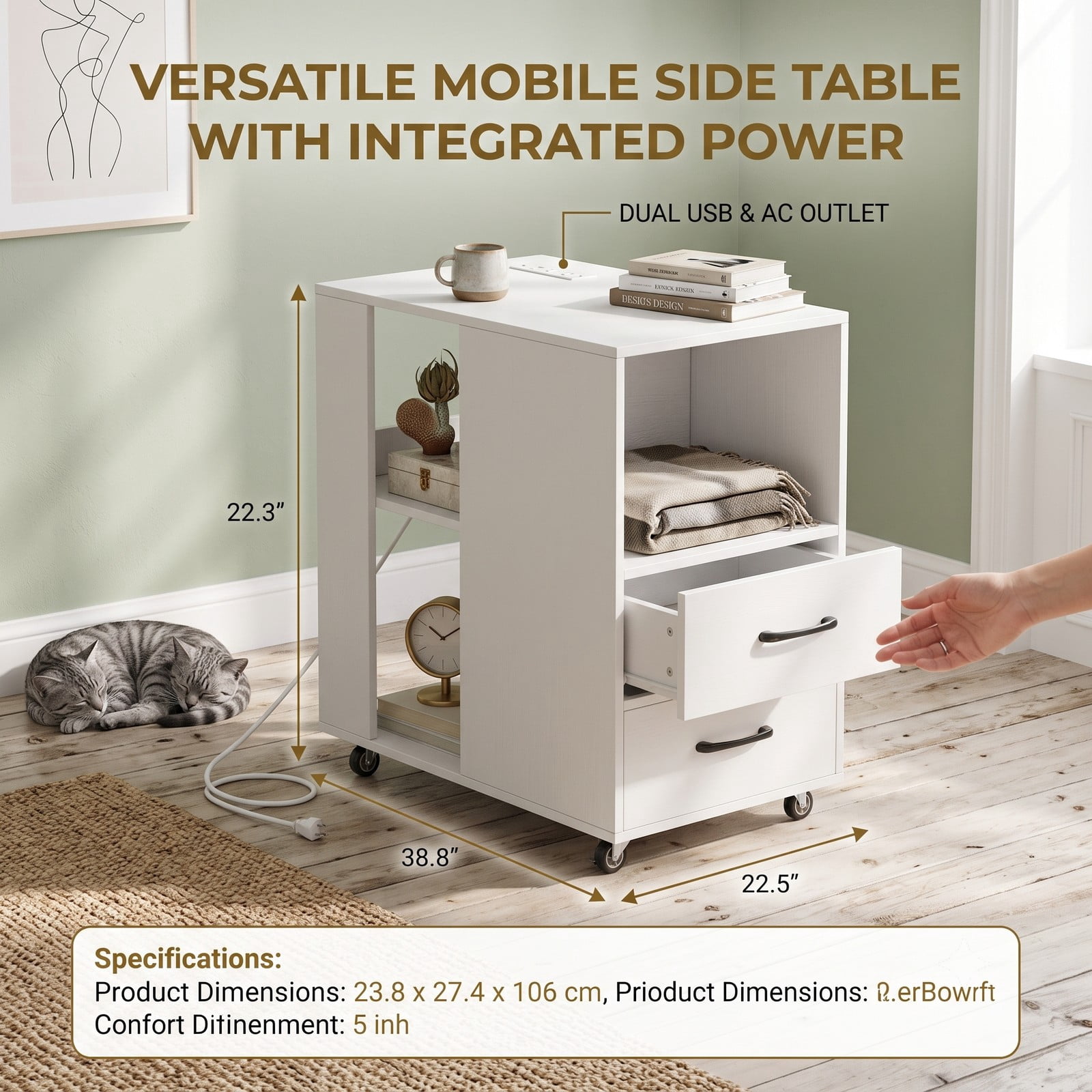 Furnibear End Table with Built-in Charging Station, Sofa Side Bedside Table on Wheels with 2 Drawers and 3 Open Shelves, USB and Type-C Ports, Rolling, White