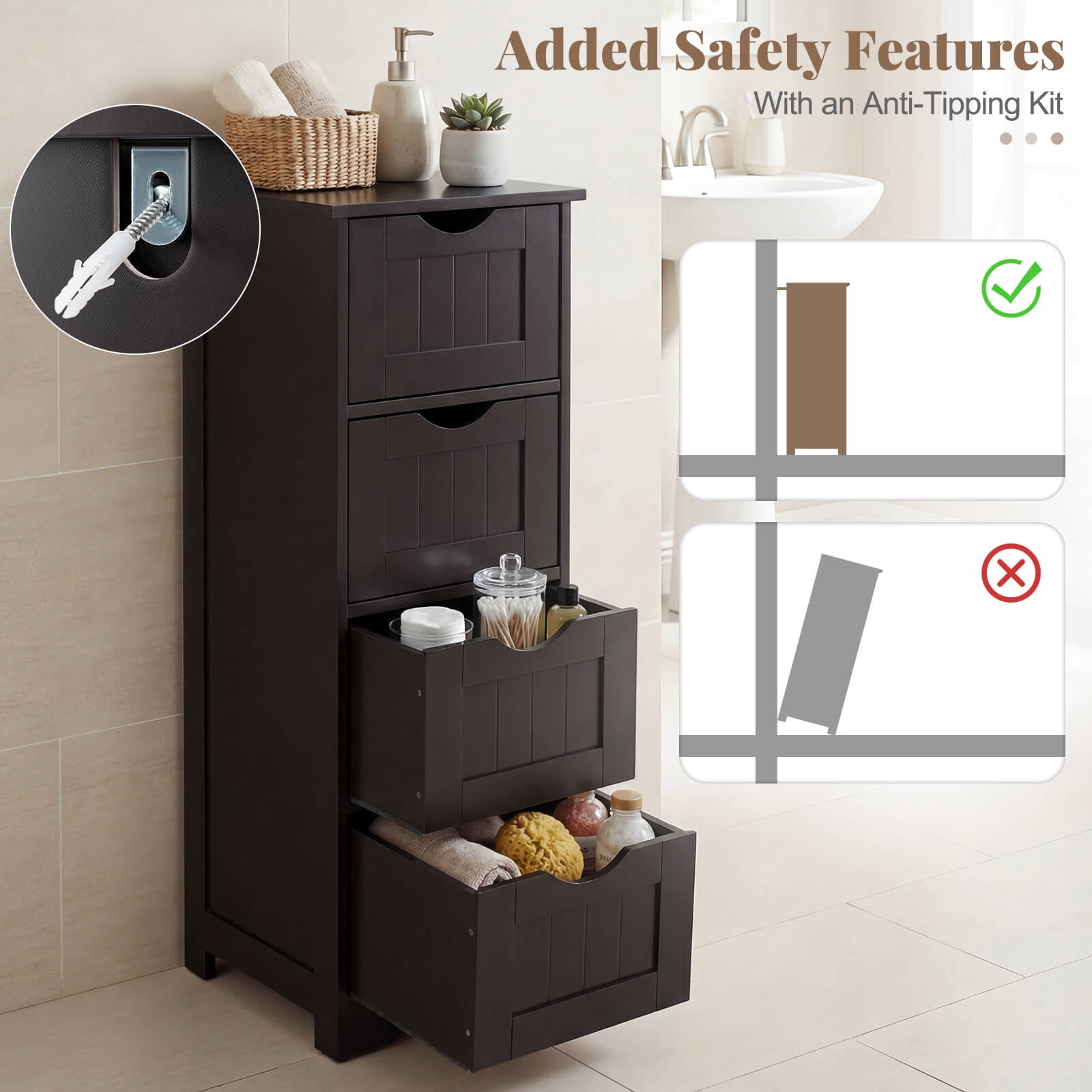 Costway 32.5'' Bathroom Floor Cabinet with Anti-tipping Device Freestanding Towel Cabinet Espresso